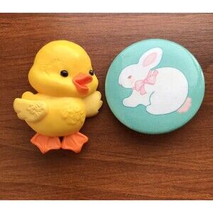 Vintage 80s Hallmark Lapel Pins Buttons Yellow Duck & Bunny - Easter Spring
